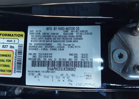 2020 Ford Fusion Sel from USA, damaged, VIN 3FA6P0CD3LR208002